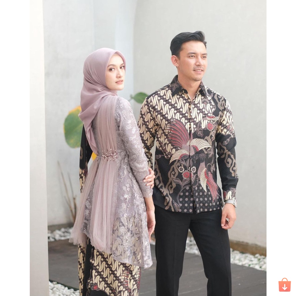 BATIK OFFICIAL - Batik Couple Zara Kebaya Modern Baju Couple Pasangan Kebaya Kondangan Wisuda - Couple Batik Brukat Tulle Mutiara - Outfit Kondangan Kekinian Zara Couple