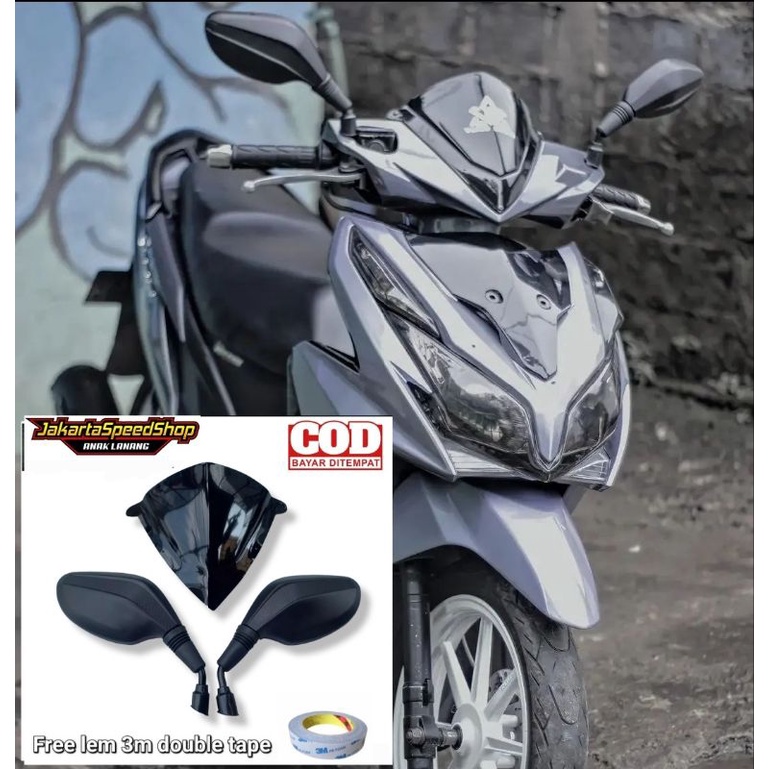 Paket variasi spion click hitam polos plua visor pnp vario 125 old fi free lem 3m doubel tape