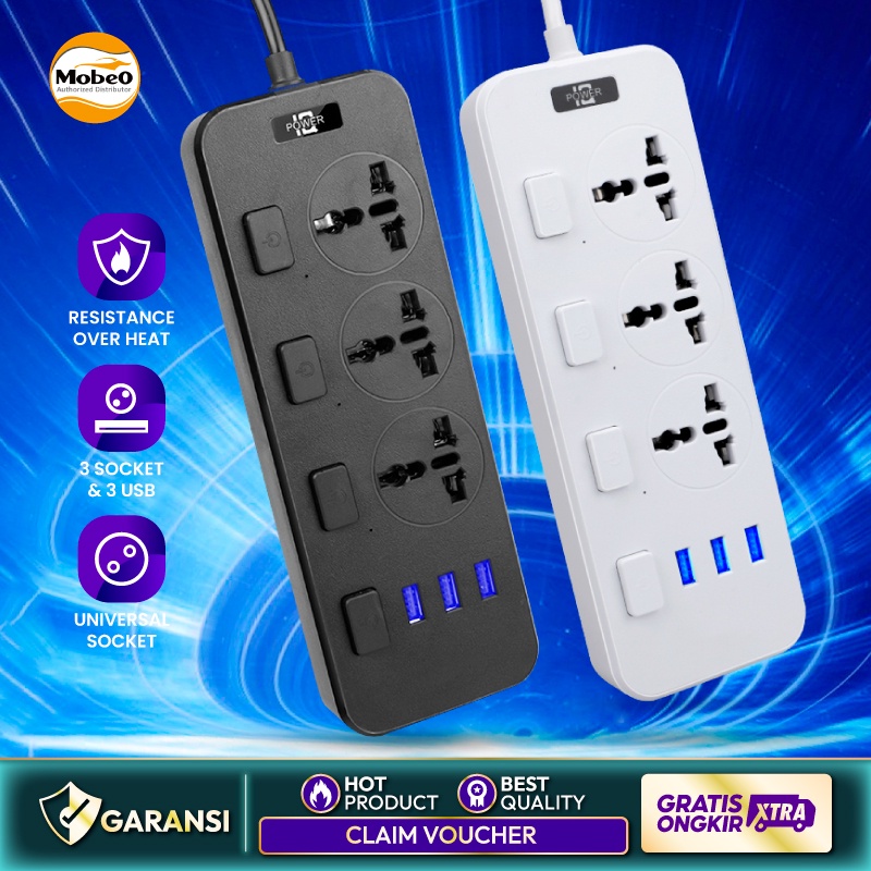 ECLE Stop Kontak Listrik Fast Charging - Power Strip Colokan Listrik Universal 110V - 250V dengan 3 USB Port 5V, 1A + Switch button dan Indikator LED - Panjang Kabel 2 Meter