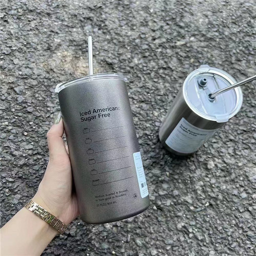 ღ Kopi Amerika Straw Cup Double-Layer Stainless Steel Mug Tahan Karat Sederhana Fashion Es Kopi Mug Dapat Digunakan Kembali bisnis Botol Air untuk Teman Hadiah