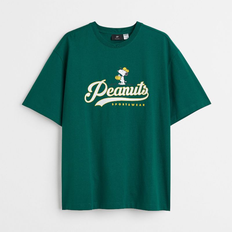 [BISA COD] KAOS PRIA WANITA H&M PEANUTS GREEN PRINTED ORIGINAL T-SHIRT