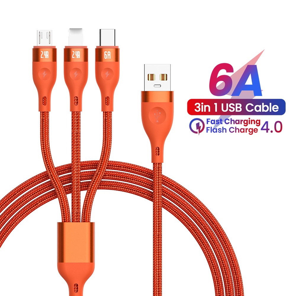 6a 3in1 Kabel Pengisian Super 120W Jalur Data Pengisian Super Cepat Untuk i-phone Android Tipe C USB Flash Charging Data Line