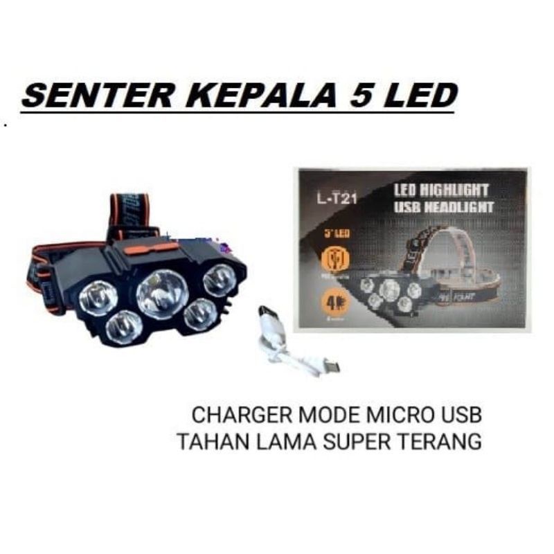 SENTER KEPALA 5 LED MODE COB CHARGER USB