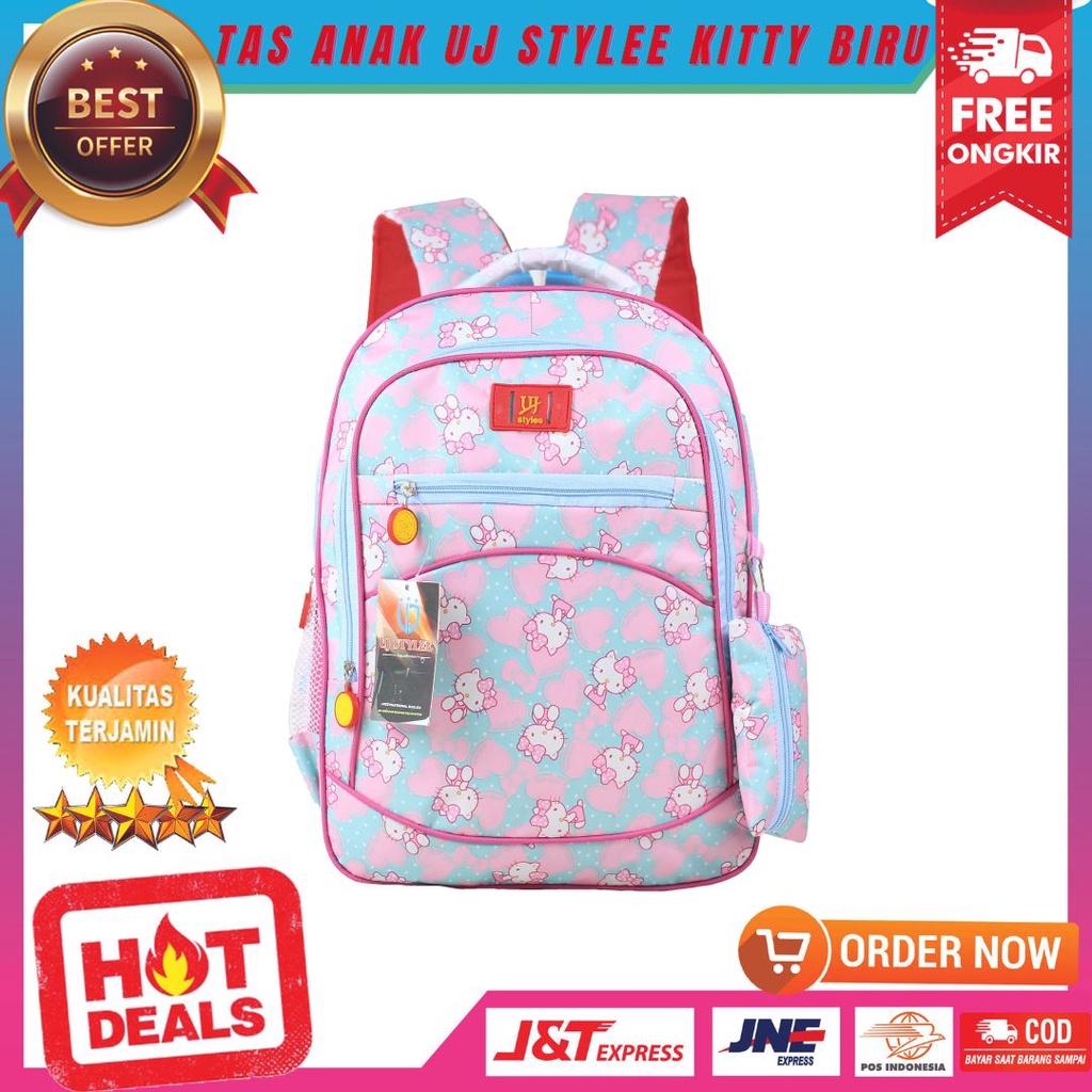 Tas Gendong Anak Ransel TK SD Karakter Kitty Biru Backpack Anak Perempuan Cewek Fashionable Keren Stylish Multifungsi Bonus Tempat Pensil