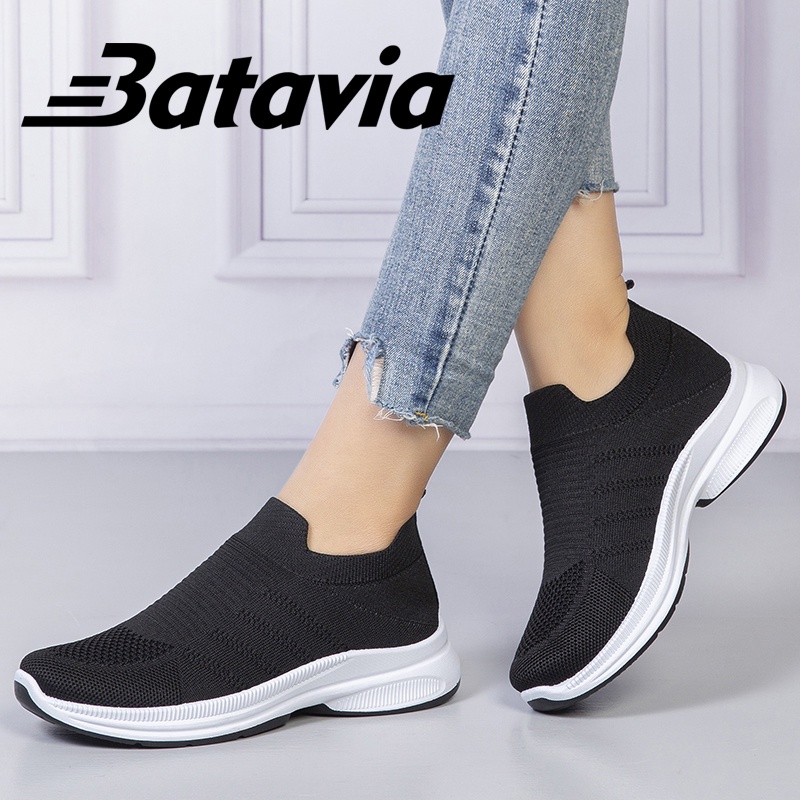 Batavia 2023 sepatu wanita baru rajutan bernapas terbang rajutan sepatu wanita sepatu olahraga sepatu fashion kasual sepatu kain sepatu joging siswa sepatu kopi kipas hitam N32