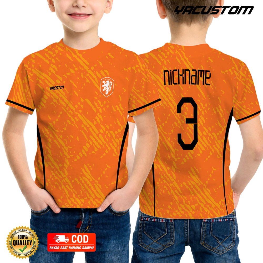 Kaos Jersey Anak Piala Dunia Qatar 2022 Belanda Timnas Sepak Bola Custom Printing