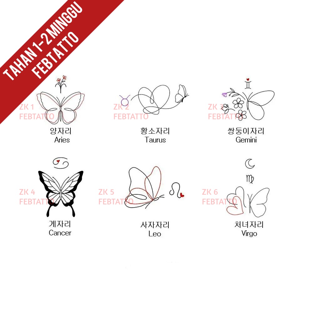 Tato Temporer Tato zodiak Stiker Tatto kupu kupu - ZK 1-6