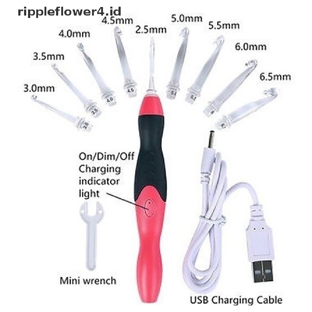 {rippleflower4.id} 9in1 USB LED Menyala Kait Crochet Isi Ulang Knitg s Set Bermanfaat~