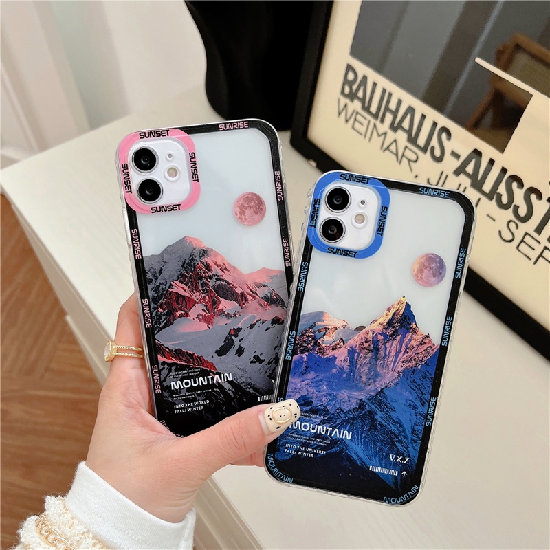 IPHONE Top Snow Mountain landscape Transparan Phone Case Untuk Iphone7 8 Plus SE2 13 12 11 14 Pro Max X XR XS Cases Mewah Bening Penutup Belakang