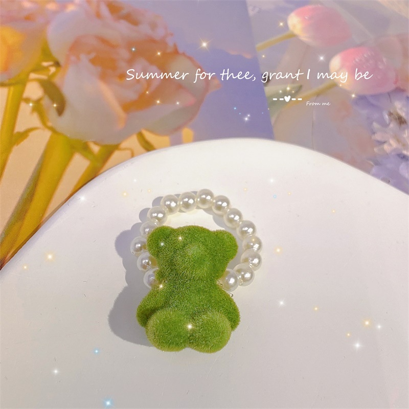 Fashion Wanita Perhiasan Resin Buatan Mutiara Flocking Bear Cincin