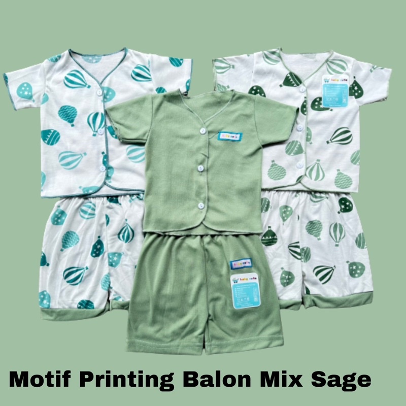 24pcs Paket Komplit Perlengkapan Baju Bayi celana bayi topi sarung tangan kado Baru Lahir, 3-6 dan 6-12 bulan SNI Motif Balon Hijau Sage  Promo 9.9