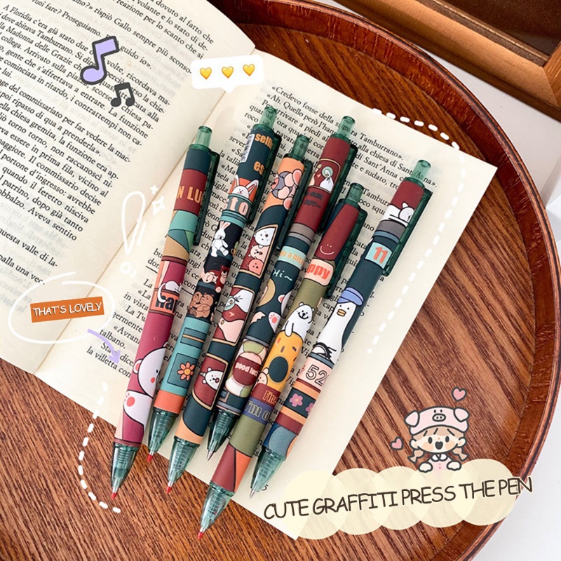 1pc Happy Bus Motif Kartun Hewan Press Pen 0.5 Peluru Hitam Gel Pulpen Sekolah Kantor Tulis Perlengkapan Alat Tulis