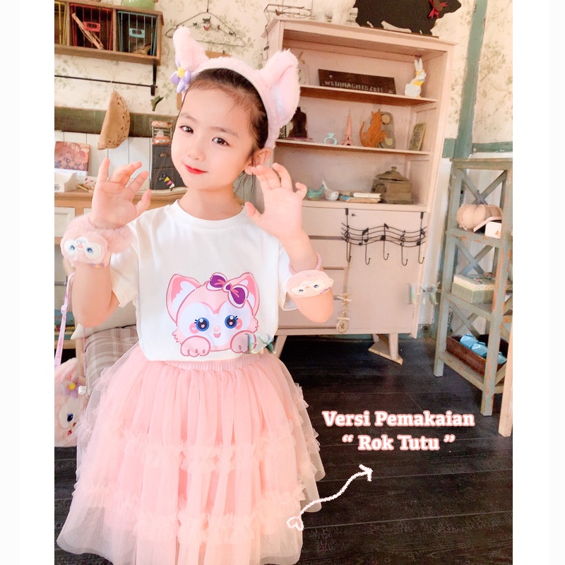 LNR Shop Free Bando Setelan Kaos Dengan Lampu LED Warna Warni Anak Perempuan Dress Rok Tutu Kaos Lengan Pendek T-Shirt Import Skirt Set Motif Kucing Disney LinaBell