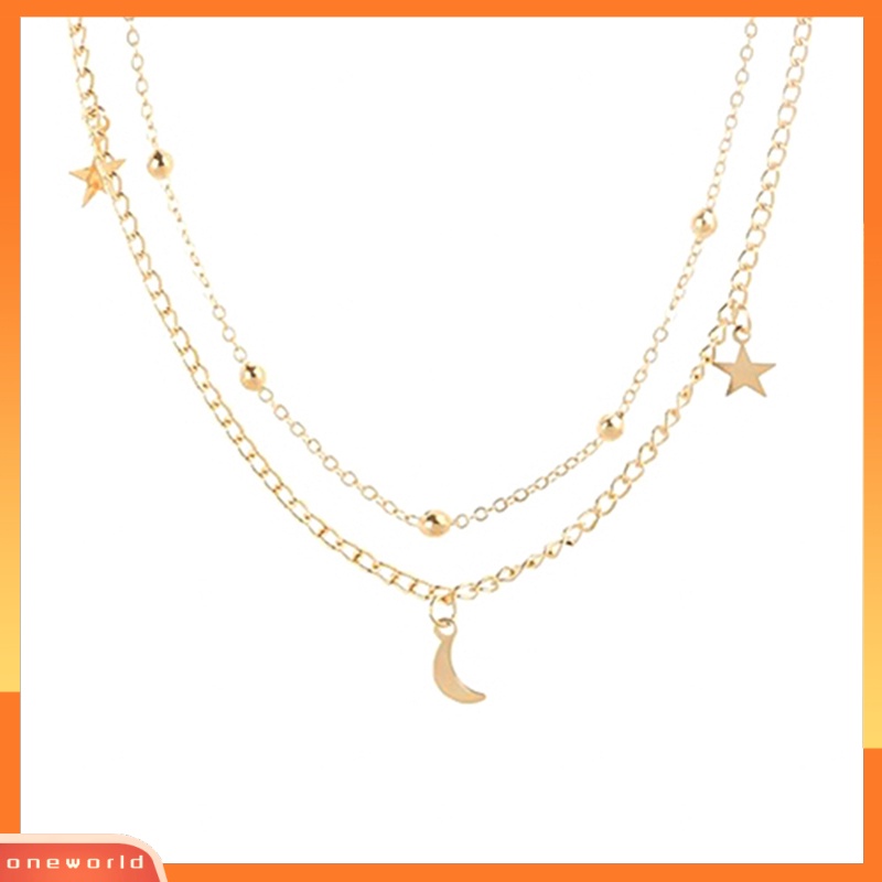 [WONE] Kalung Pendek Dipoles Manik Bintang Sabit Multilayer Sederhana Vintage Wanita
