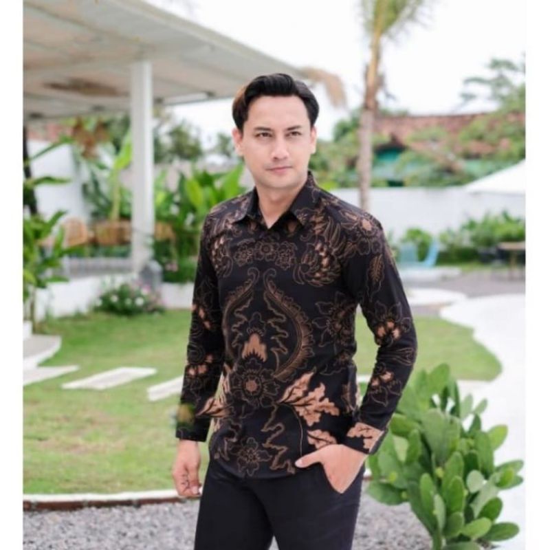 MAHARAJA COKLAT Hem Atasan Kemeja Baju Batik Pria Cowok Laki Laki Slimfit Full Lapis Furing Lengan P