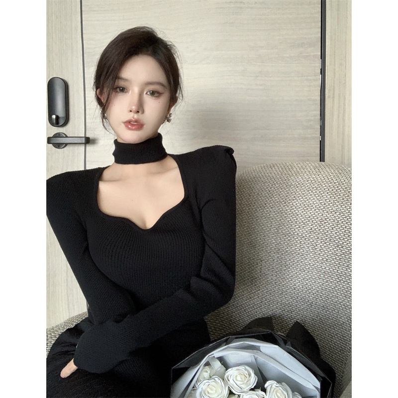 ✸♞∏Suhao keinginan murni rajutan bottoming kemeja wanita musim gugur Perancis retro hot gadis v-neck temperamen slim slim lengan panjang sweater top