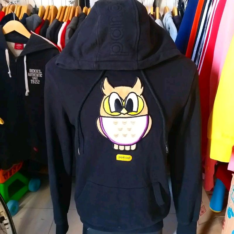 hoodie pancoat warna hitam gambar owl atau burung hantu korea original size s