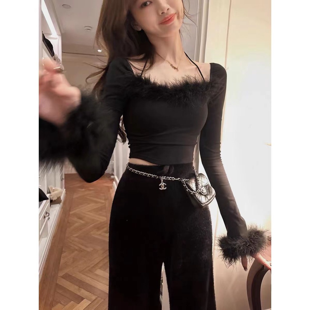 ┅♨Suhao Versi Korea Musim Gugur dan Musim Dingin 2022 Baru Bulu Kerah Pendek Bagian Slim Lengan Panjang Kerah Persegi T-shirt Wanita top In Pasang