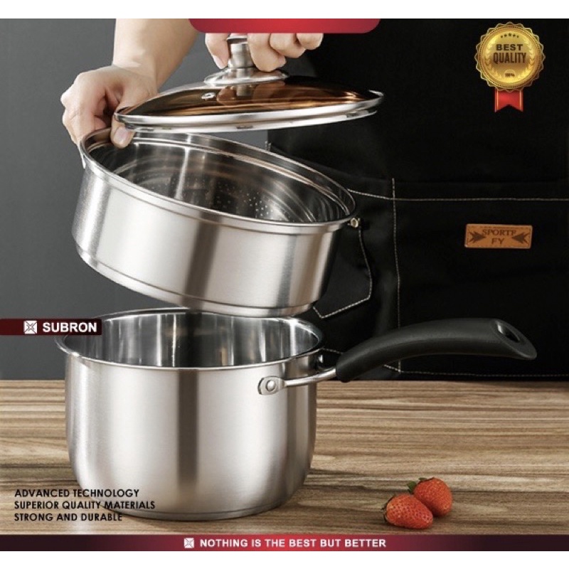 PROMO - PANCI SUSU TINGKAT STEAMER 2IN1 - PANCI KUKUS GAGANG PANJANG BAHAN TEBAL - MILK POT DENGAN TUTUP KACA TEBAL STAINLESS STEEL