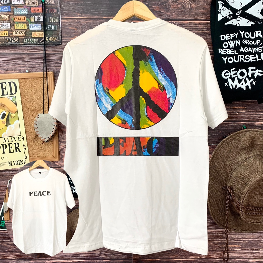 kaos distro pria PEACE PUTIH ready size M L XL atasan pria baju kaos cowok