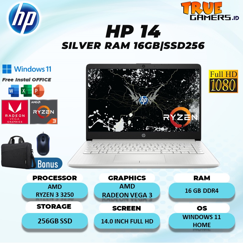 LAPTOP HP 14S DK1510AU R3|3050|3150 RAM 12GB 512SSD VEGA3 WINDOW11+OHS 14.0 FULL HD