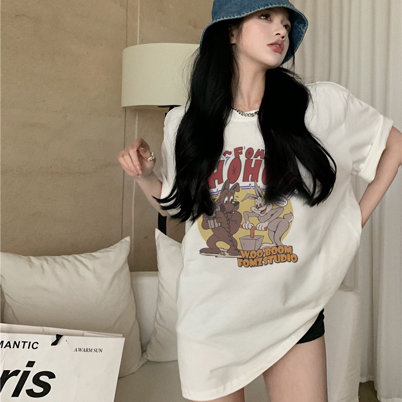 Print T-shirt Kaos Lengan Pendek Cartoon Anime Rabbit Dog Atasan Wanita Korean Style