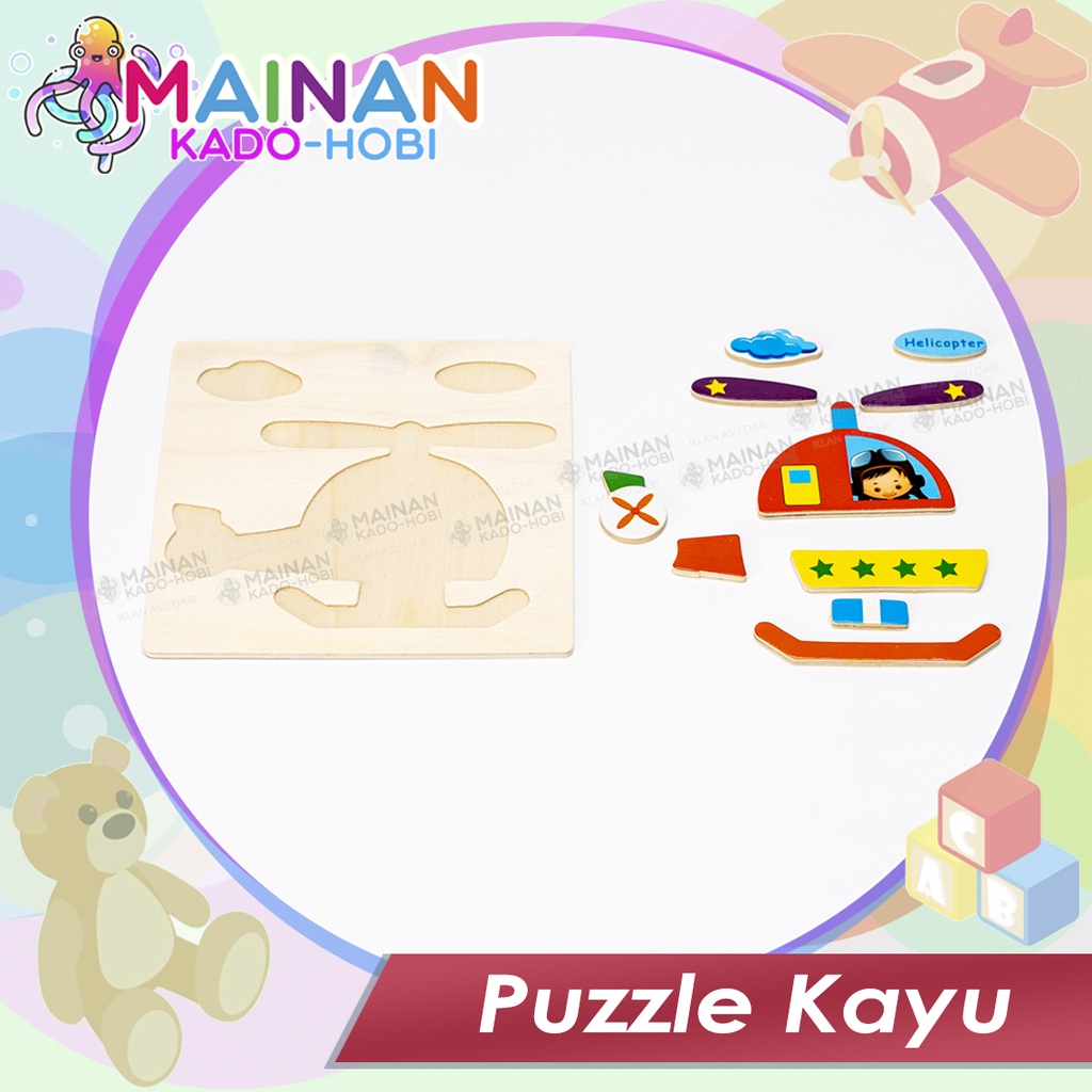 MAINAN EDUKASI ANAK WOODEN PUZZLE TRANSPORTASI KENDARAAN HELICOPTER