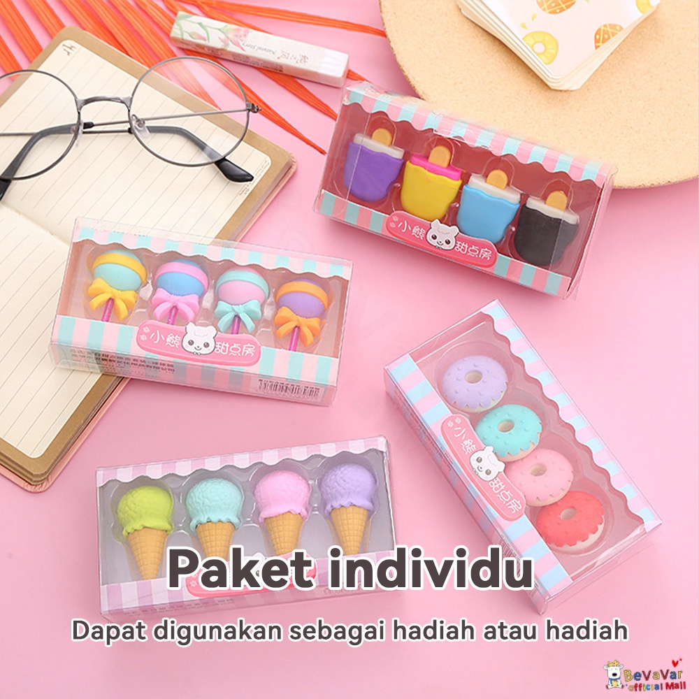 Bevavar 4Pcs/Set Penghapus Mini Lucu Kartun / Penghapus Pensil/Eraser Ice Cream