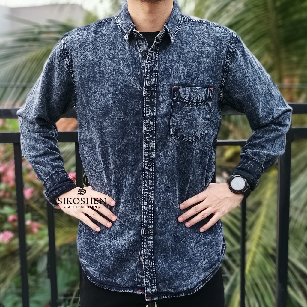 Kemeja Denim Jeans Lengan Panjang Kemeja Panjang Denim Washing Pria