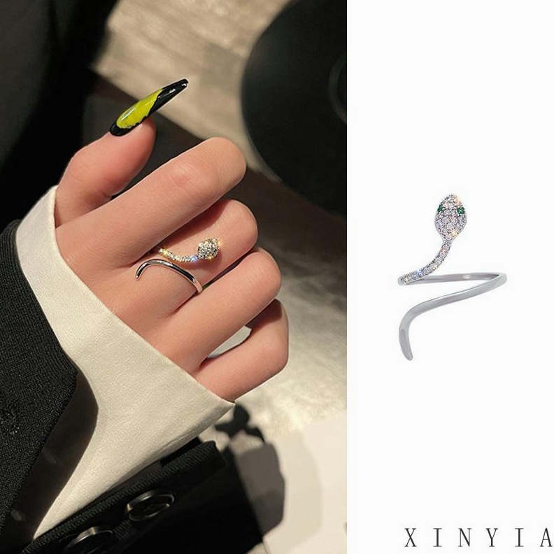 【Bayar di tempat】Cincin Model Terbuka Desain Hewan Ular Warna Silver Untuk Wanita Zirkon Untuk Wanita