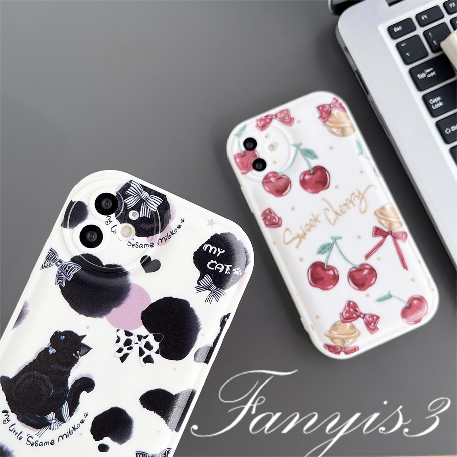 Redmi 10C 10A 10 9 9A 9C 9T Note 11 Pro+ 11s 11 10s 10 9s 9 8 Pro Poco X4Pro X3Pro Mi 11 Lite 11T 10TPro 12Pro Sweet Cherry Black Cat Phone Case TPU Soft Cover Pelindung