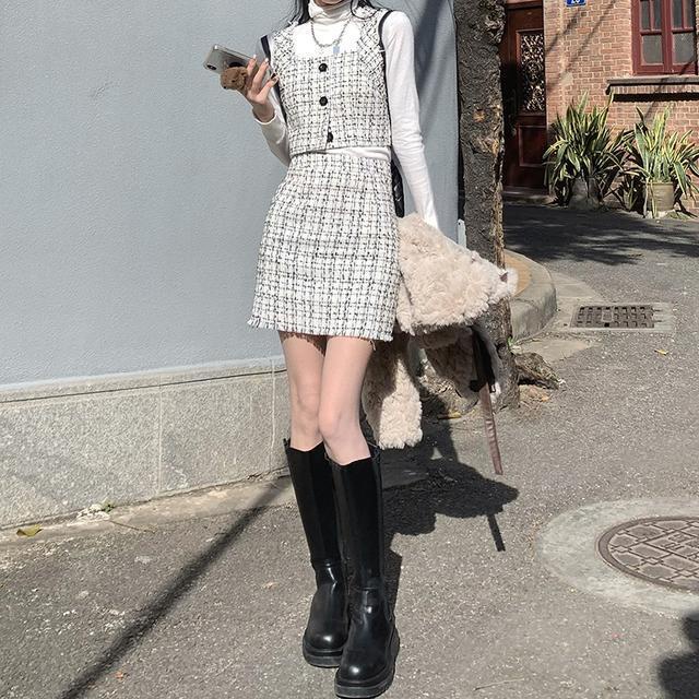 Suhao setelan one-piece gadis mewah dan harum ~ setelan dua potong rompi kotak-kotak + rok A-line pelangsing pinggang tinggi