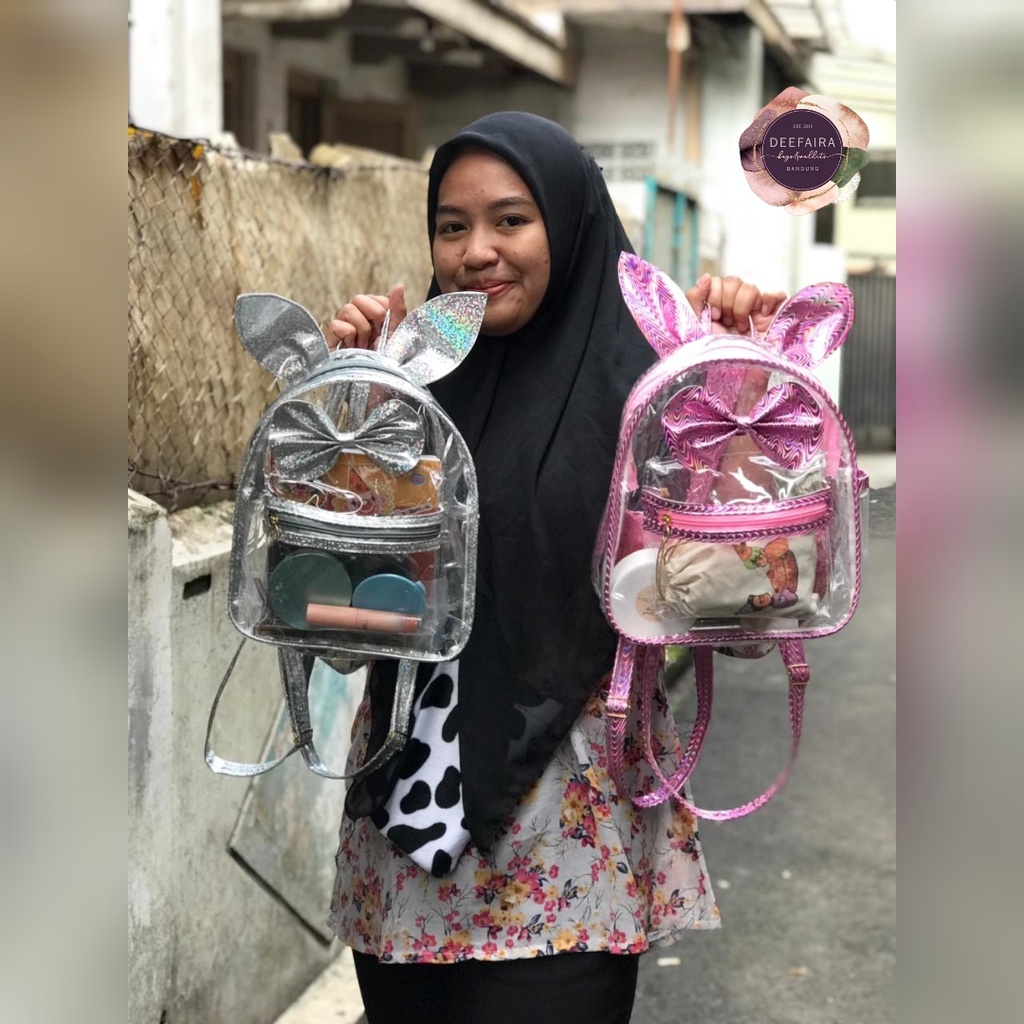 Tas Ransel Wanita Motif Telinga Kelinci Hologram Transparan Lucu Dan Berkilau