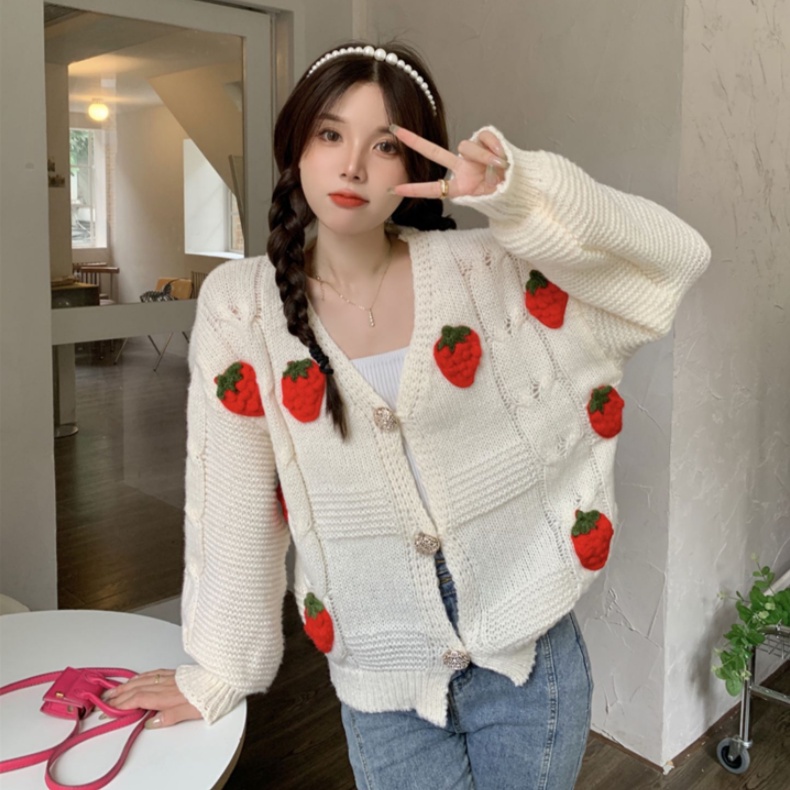 MOOGU ♡ Kardigan rajut longgar stroberi berdiri cardigan korea coat wanita