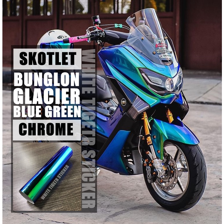 SKOTLET STIKER MOTOR BUNGLON CRHOME BLUE GREEN SKOTLET BUNGLON MENGKILAP BIRU HIJAU SCOTLITE BUNGLON