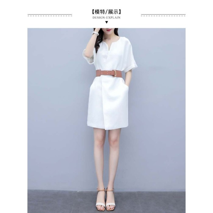 dress wanita putih model belt cantik Korea lengan pendek elegant