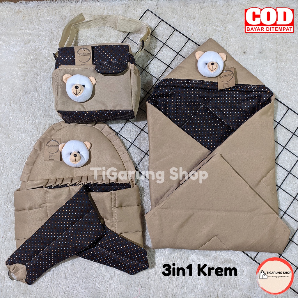 3in1 SET Tas Perlengkapan Bayi Gendongan Samping dan Selimut Bayi Beruang Polkadot Bayi Baru lahir