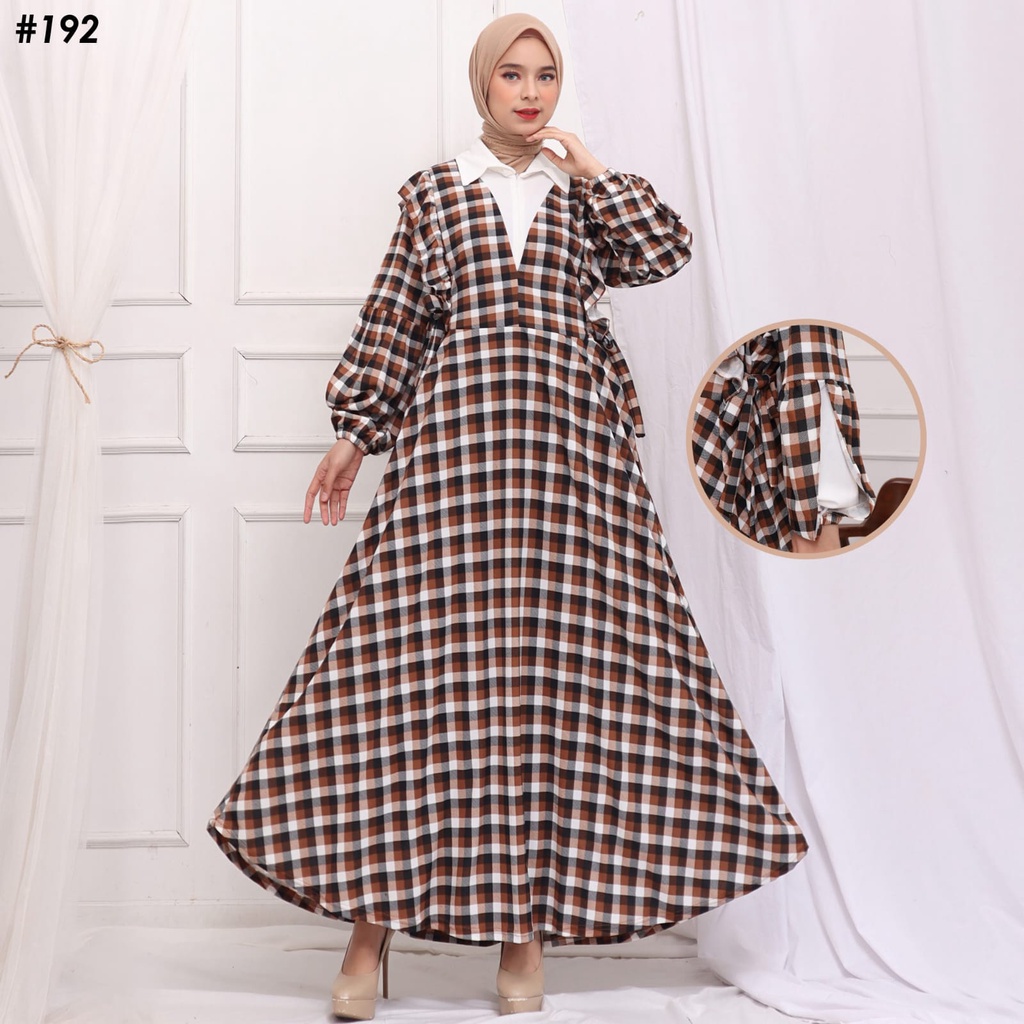 Gamis busui kancing model ruffle mayung motif kotak lengan balon bahan voxy merk hf (192)
