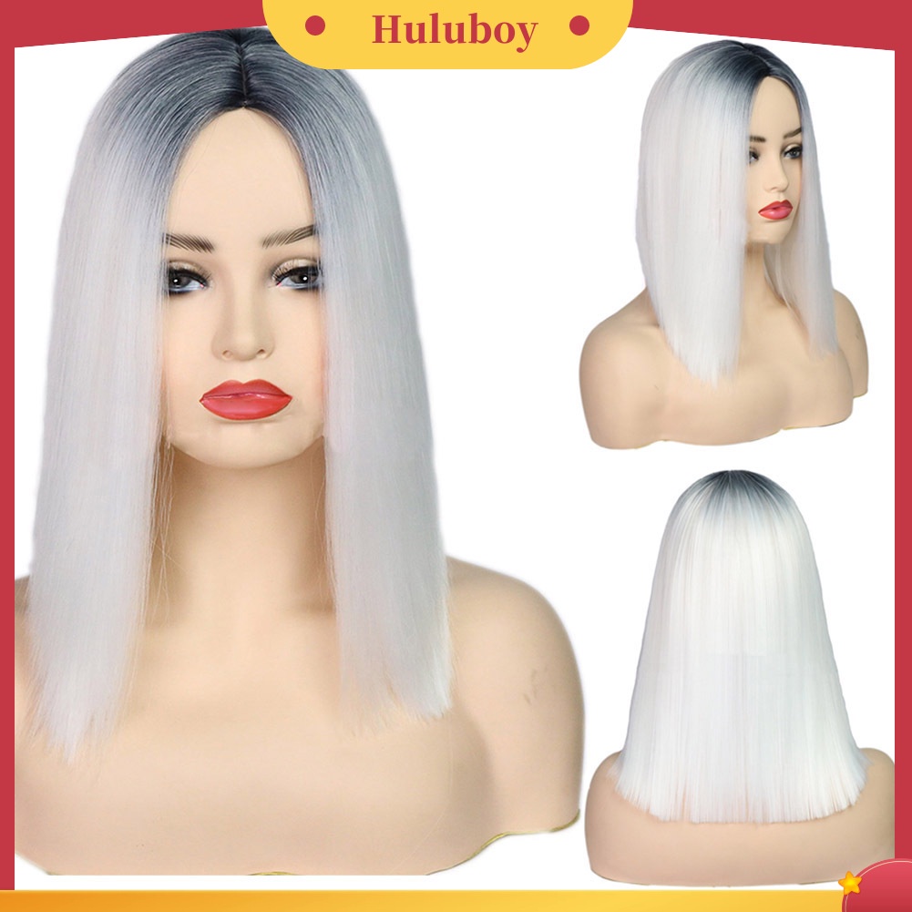 Wig Rambut Sintetis Model Lurus Warna Gradasi Hitam Putih Tahan Panas Untuk Wanita