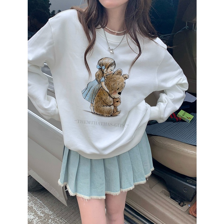 EUNII Sweater Lengan Panjang Little Girl And Bear Korean Style/Hoodie Oversize/Baju Wanita/Switer Wanita