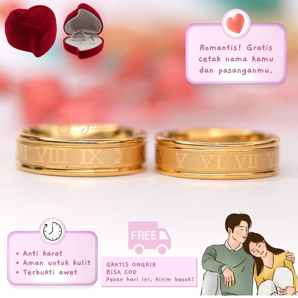 GRATIS CETAK NAMA Cincin Couple Pasangan Titanium Romania Gold Anti Karat Pria Wanita M71