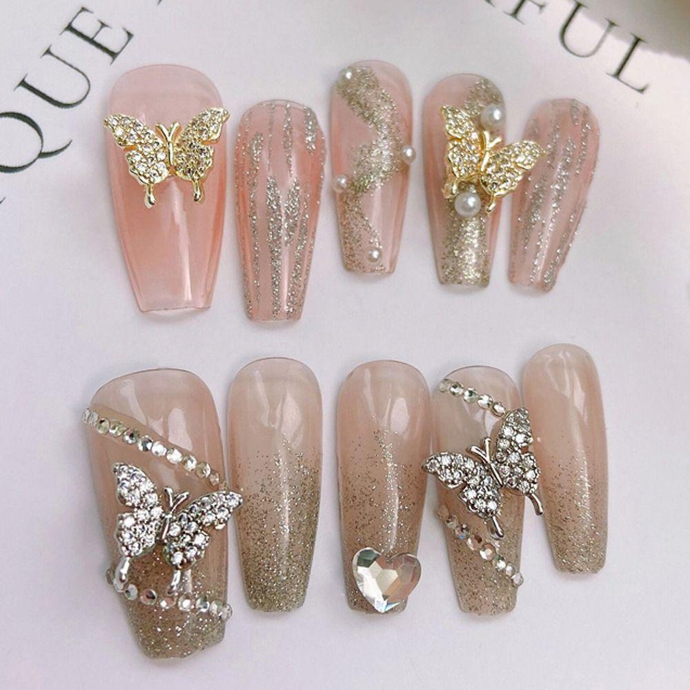 AUGUSTINA Augustina Hiasan Kuku Kupu-Kupu Wanita Pesona Kuku Emas Perak Korea Nail Art Manicure Aksesoris