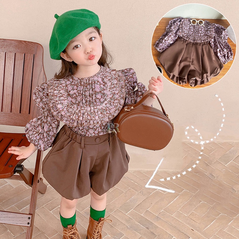 Setelan Dua Import Potong Lengan Panjang Balon Celana Pendek Untuk Anak Perempuan Girl Floral Bubble Sleeve Atasan Motif Bunga Musim Gugur Gaya Korea Kemeja Panjang Blouse