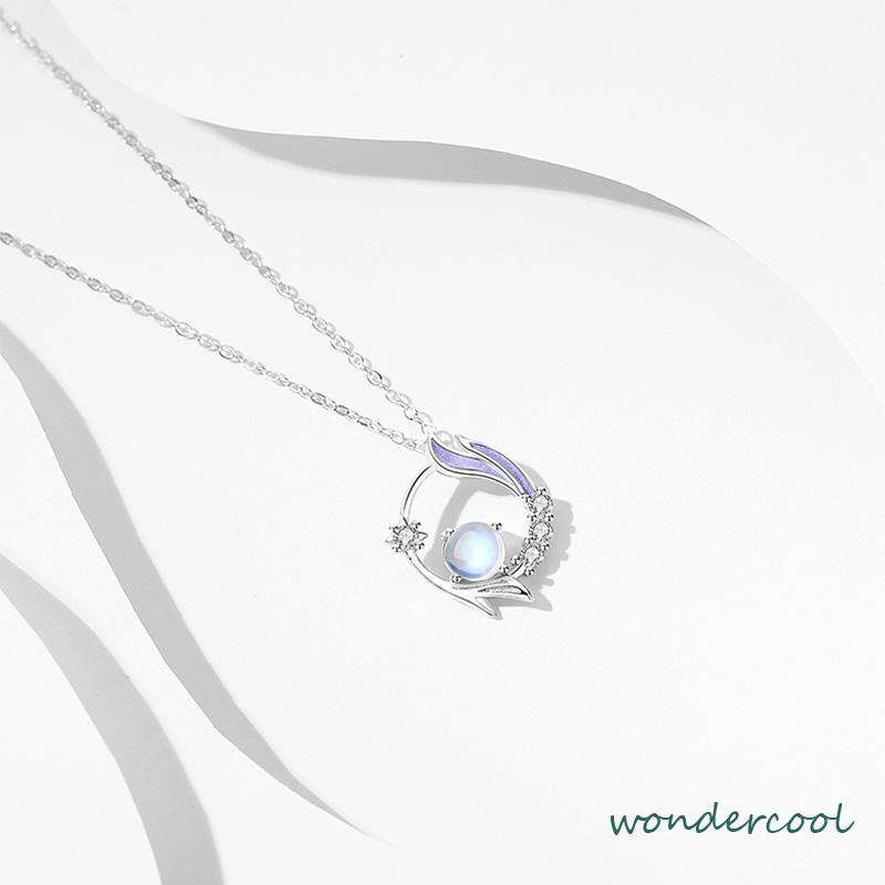 Kalung Rantai Klavikula Liontin Moonstone Gaya Korea Silver Untuk Wanita Aksesoris Perhiasan-Won