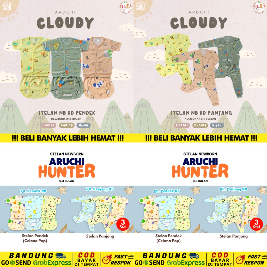 (3 stel) ARUCHI STELAN PIYAMA BAYI MOTIF HUNTER / CLOUDY NEWBORN 0 - 3 bulan PANJANG & PENDEK