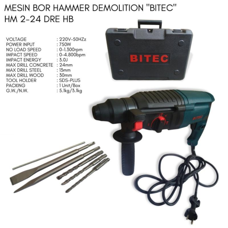 BITEC HM224DRE/HM224/224DRE/HM 2 24 DRE/HM 224 DRE/24DRE Mesin Bor Beton SDS 24mm Rotary Hammer 3 Mo