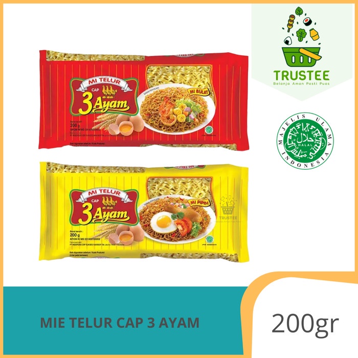 

Mi / Mie Telur / Telor Indofood Cap 3 Ayam Bulat & Pipih Halal 200gr