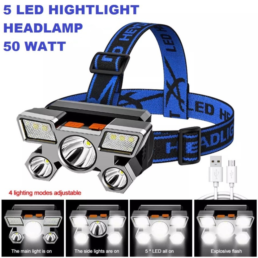 SENTER KEPALA MINI 5 LED 50W + 10W / HEADLAMP USB CHARGEABLE - Kenji Shop