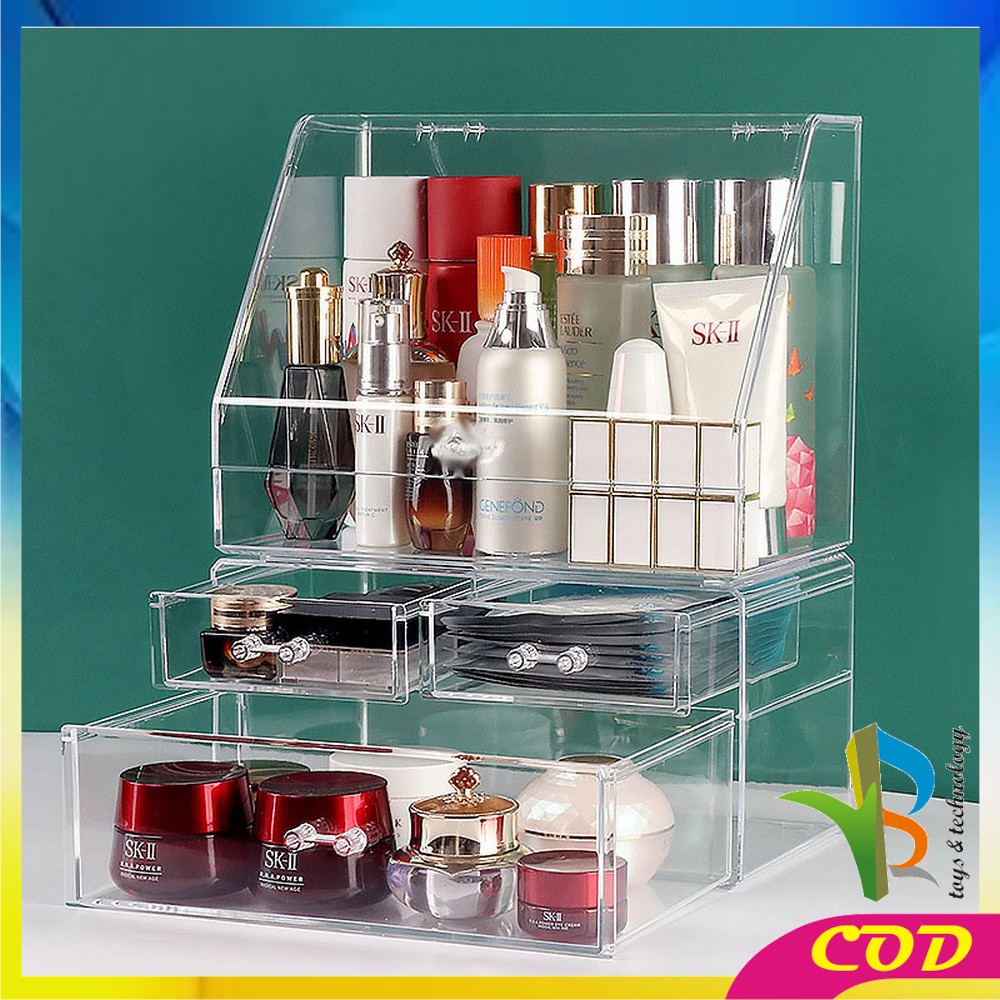 RB-K133 Rak Kosmetik Acrylic Transparan Dengan Penutup Anti Debu Storage Box / Tempat Penyimpanan Laci Rak Make Up Skincare Organizer Laci Multifungsi