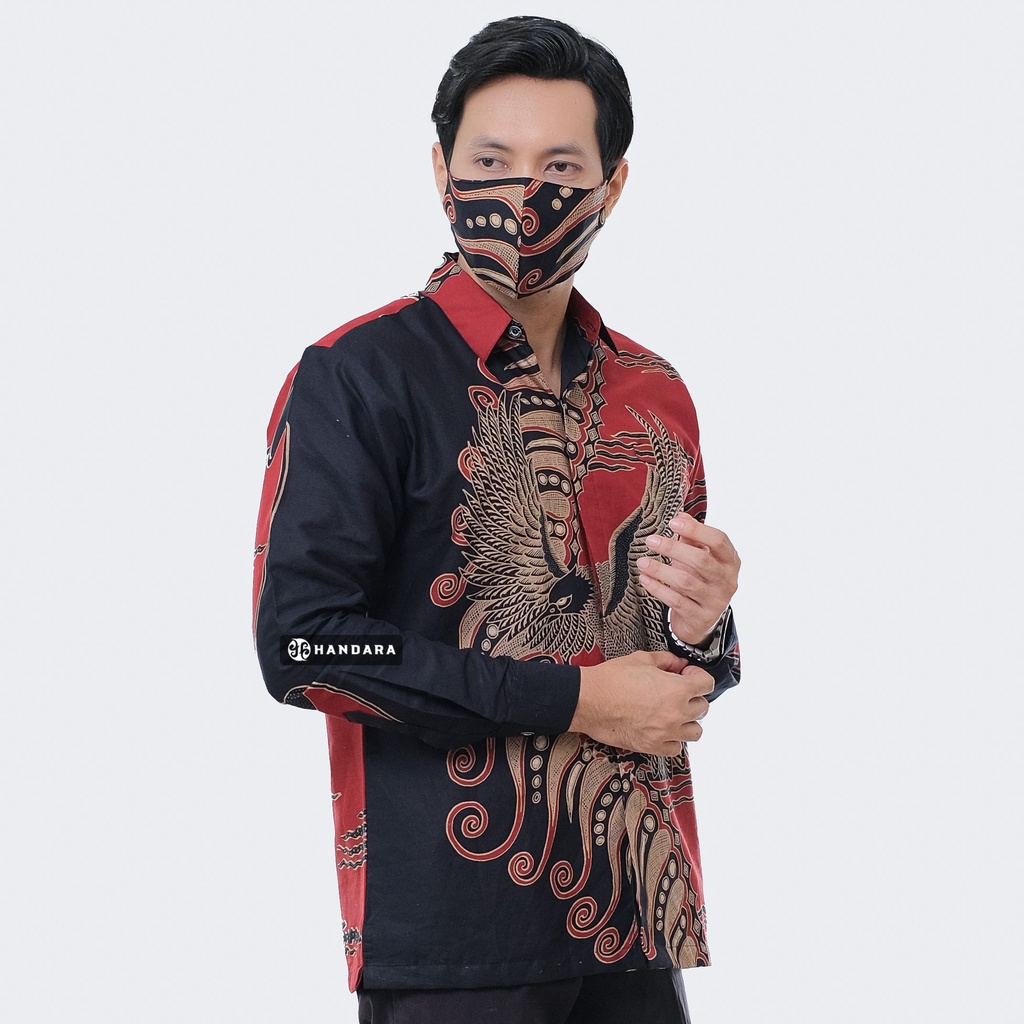 Baju Kemeja Batik Pria Lengan Panjang Slim Fit Premium Modern Full Furing Katun Halus Original Handara Motif Erlang Merah Hitam HB-290